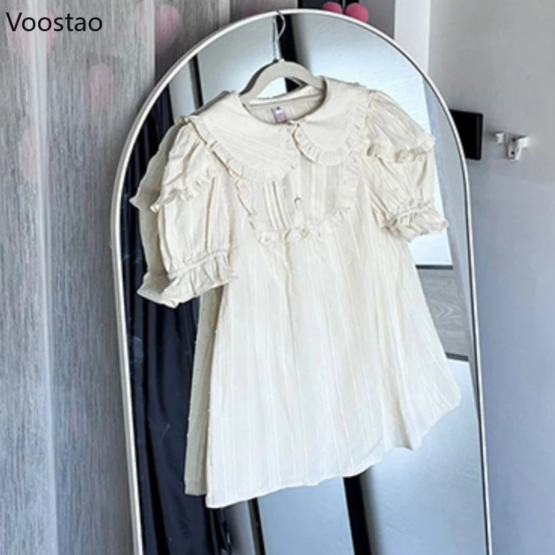 Japanische Sweet Lolita Blusen für Damen, niedliche Rüschen, Peter-Pan-Kragen, Puffärmel, JK-Shirts, Vintage-Kawaii-Tops für Mädchen, lockere Passform.