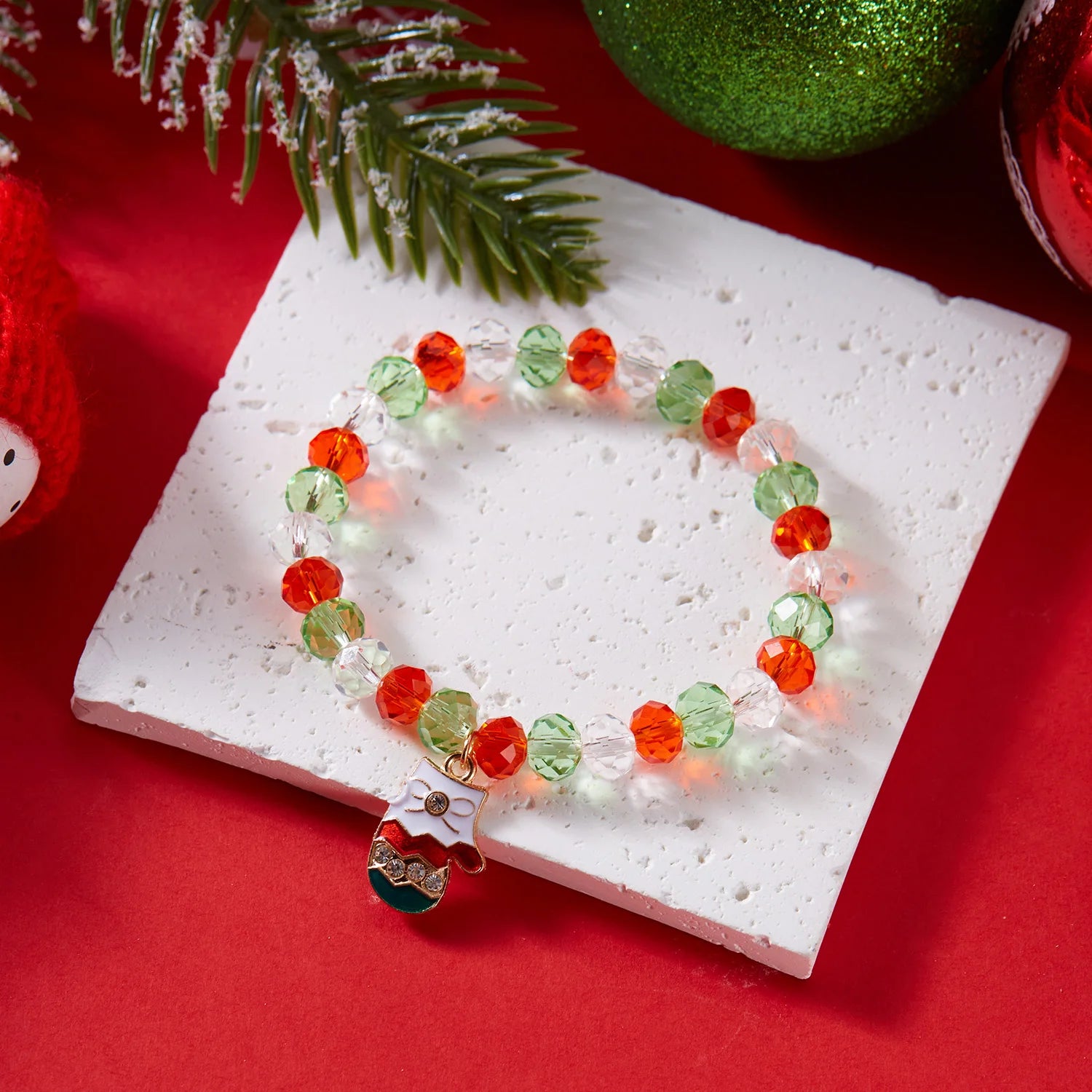 Cute Christmas Crystal Beaded Bracelet For Women Santa Claus Xmas Tree Snowflake Pendant Beads Bangle Party New Year Jewelry