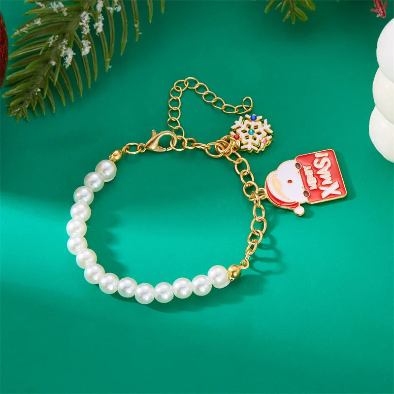 Creative Christmas Metal Chain Bracelet For Women Men Delicate Imitation Pearl Santa Claus Xmas Tree Snowflake Snowman Bangles