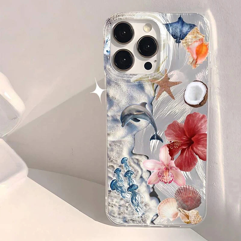 Case For iPhone 17 16 15 Pro Max Air 16E 14 13 12 11 XS XR Summer Pink Flower Starfish Pattern Case For iPhone 7 8Plus SE2 Cover