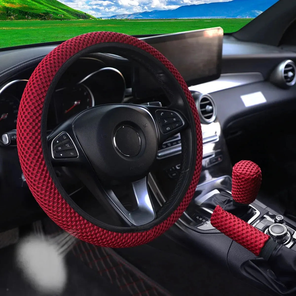 3-piece Massage Mesh Cloth Breathable Car without Inner Ring Steering Wheel Cover Handbrake Cover Handle Cover 14.5-15INCH - Madeinsea©