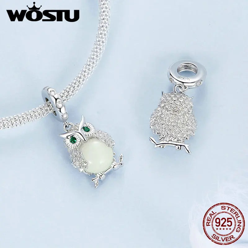 WOSTU 925 Sterling Silver Luminous Owl Charms Cross Pendant Firefly Glow in the dark Turtle Beads Fit DIY Bracelet Necklace Gift