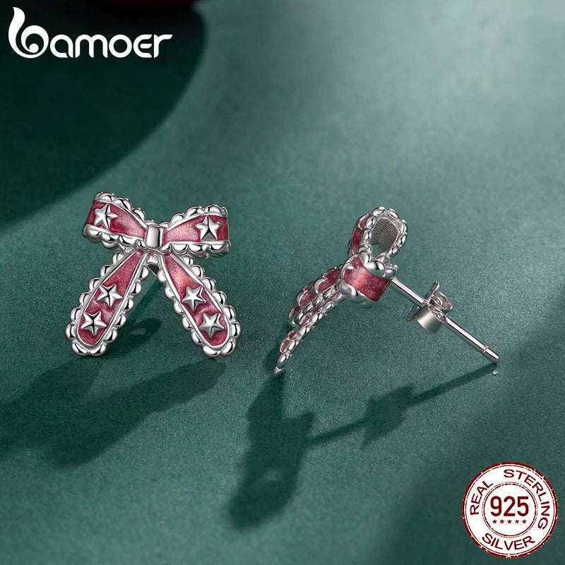 BAMOER 925 Sterling Silver Christmas Bow Stud Earrings, Enamel Stars Piercing Earrings Sweet Jewelry for Women Teen Xmas Gift
