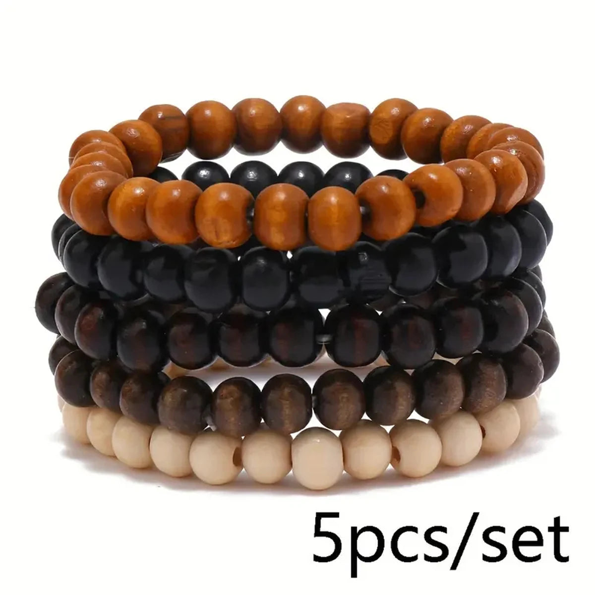 5 Pcs/Set Retro Multi -Color Wooden Beads Multi -Layer Men And Couple Bracelets