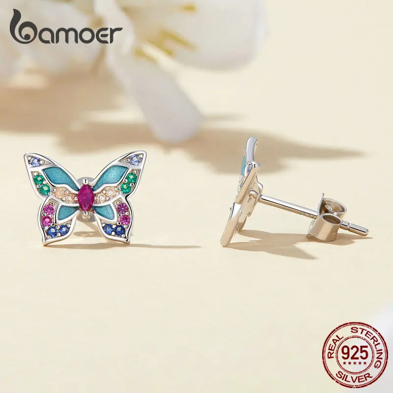 Bamoer 925 Sterling Silver Colorful Zircon Butterfly Stud Earrings for Women Birthday Party Fashion Fine Jewelry BSE807