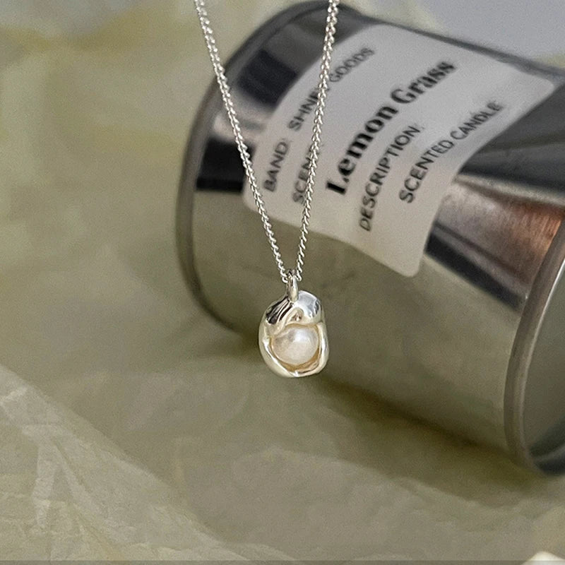 Popular 925 Sterling Silver Pearl Geometric Shape Necklace Simple Charm Ladies Pendant Choker Birthday Party Gift Fine Jewelry