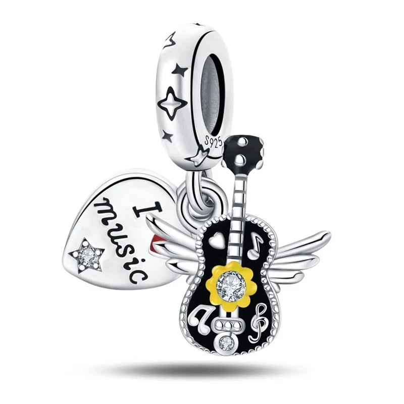 Romantic Music Charms Beads 925 Sterling Silver Piano Violin Red Guitar Punk Saxophone Pendants Fit Qikaola Bracelet DIY Jewelry
