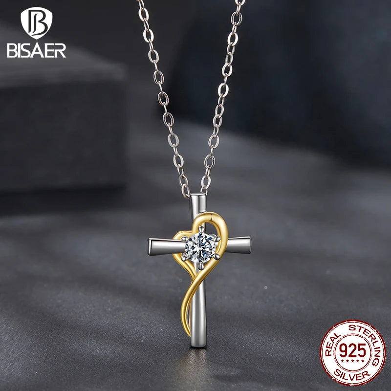 BISAER 925 Sterling Silver Moissanite Cross Necklace VVS1 EX Delicate Lab Diamond Adjustable Chain For Faith Woman Fine Jewelry