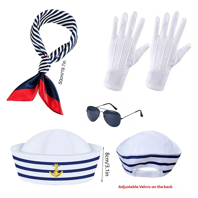 4pcs Cosplay Sailor Hat Scarf Tie Holiday Party Makeup Clothing Accessories Cosplay Adjustable Velcro Captain Navy Hat Set