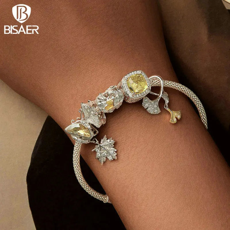 Pendentif feuille de ginkgo en argent sterling 925 BISAER - Perle de charme feuille de papillon ginkgo - Automne - pour bracelets à faire soi-même - Bijoux fins - Cadeau