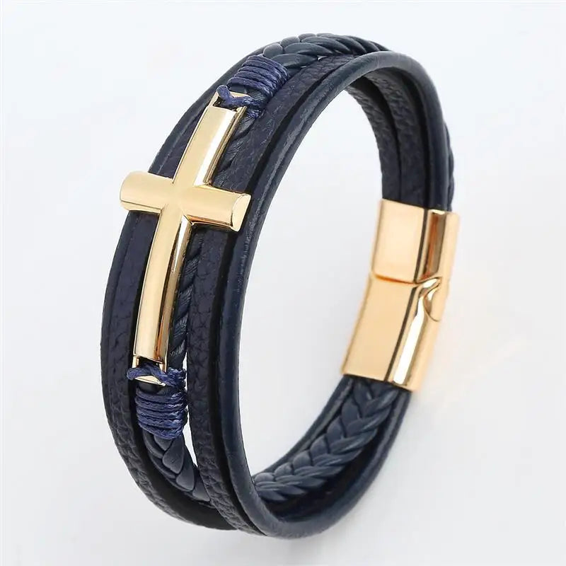 Classic Men's Leather Bracelet Cross Charm Choose Multilayer Hand Woven Bracelets Male Bangles Gifts Jewelry 19/21/23cm