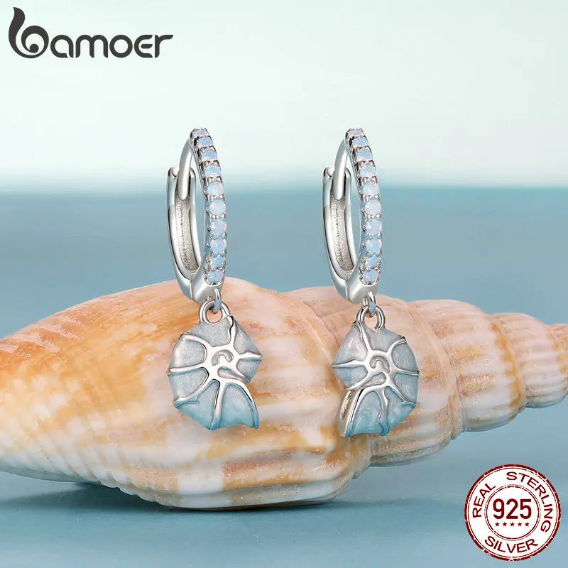925 Sterling Silver Blue Conch Ear Buckles Sea Shell Drop Hypoallergenic Earrings for Women Ocean Series Jewelry BSE1012