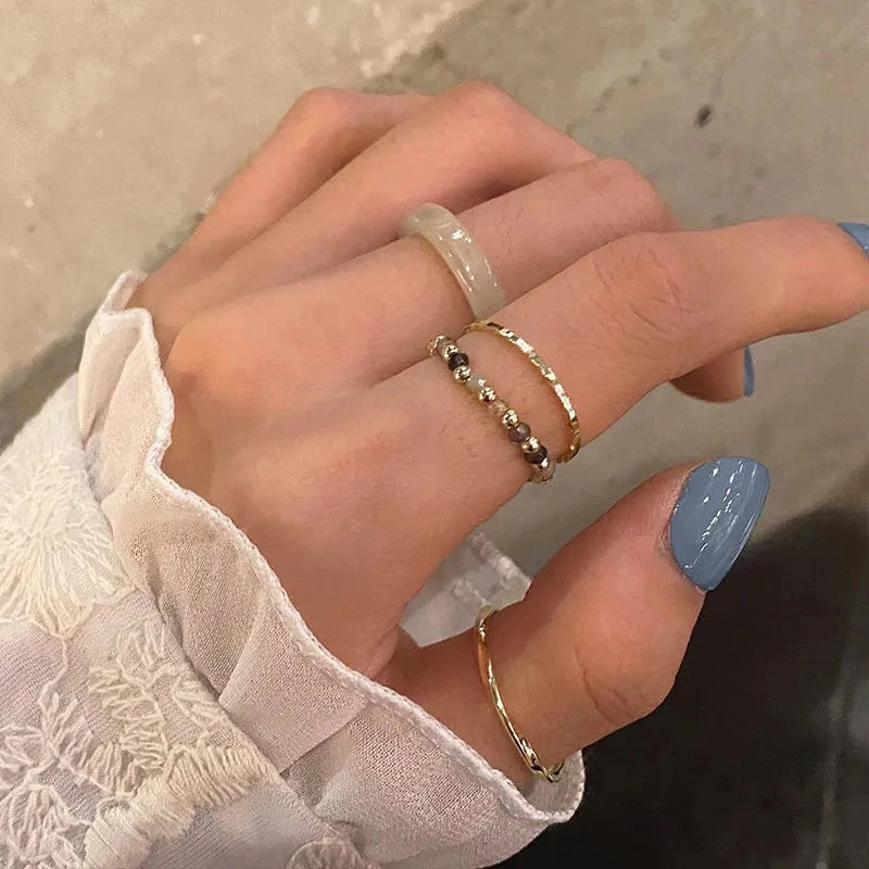 4Pcs Colorful Beads Resin Metal Irregular Lines Rings for Women Retro Geometric Acrylic Bead Knuckle Joint Ring Set Jewelry Gift