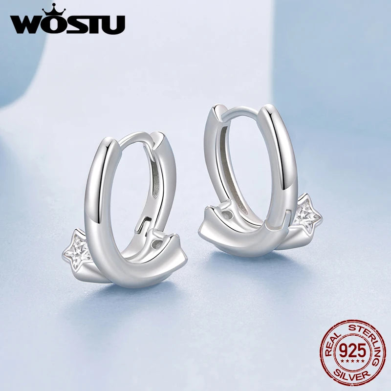 WOSTU Sterling Silver Star Huggies Earrings for Women, Minimalist CZ Hoop Earring Dainty Circle Ear Jewelry Gift for Girl