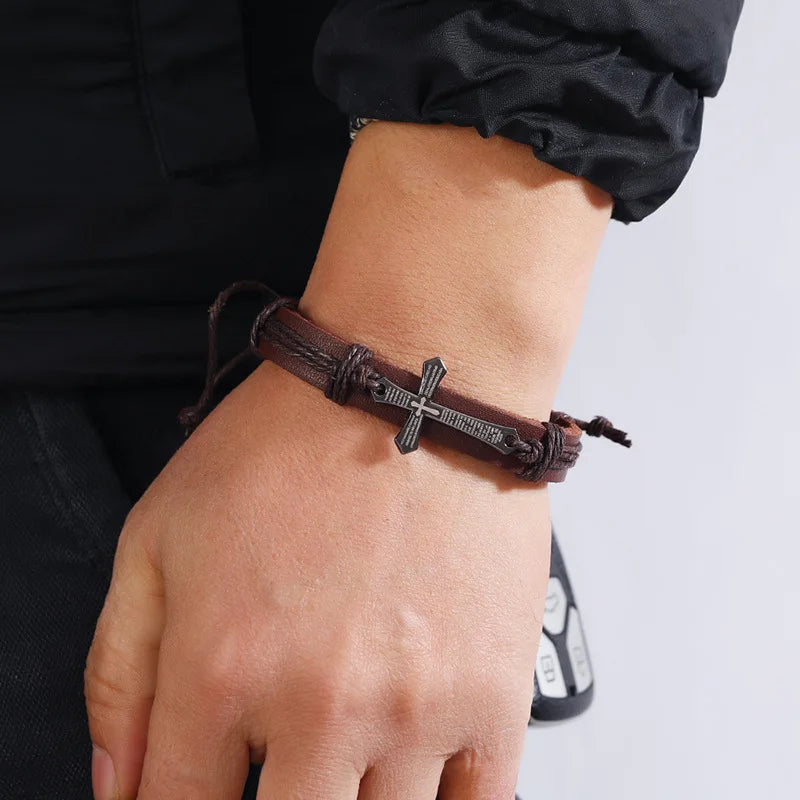 Retro Punk Metal Cross Bible Bracelet Hand Woven Cowhide Leather Adjustable Bracelet Christian Accessories Unisex Jewelry Gift