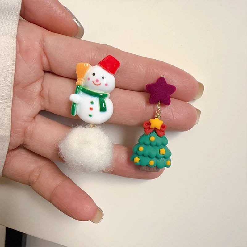 Christmas Snowflake Red Flocking Bowknot Drop Earrings for Women Xmas Cute Elk Snowman Hairball Long Earring Festival Jewelry