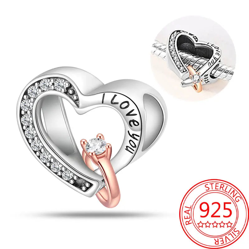 925 Sterling Silver Sparkling Pink Heart Charm Pendant Beads Fit Original Bracelet for Women Valentine Day Jewelry Gifts