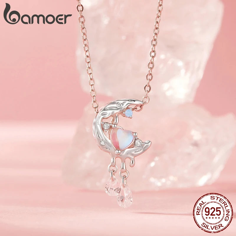BAMOER Solid 925 Sterling Silver Pink Moonlight Charm Bead fit Original Bracelet & Necklaces Jewelry DIY bamoer Charm SCC2936
