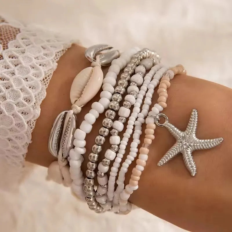 Tocona Bohemian Resort Style Shell Beaded Weaving Bracelet Beach Style Starfish Rice Beads Seven Piece Set for Women 25134 - Madeinsea©