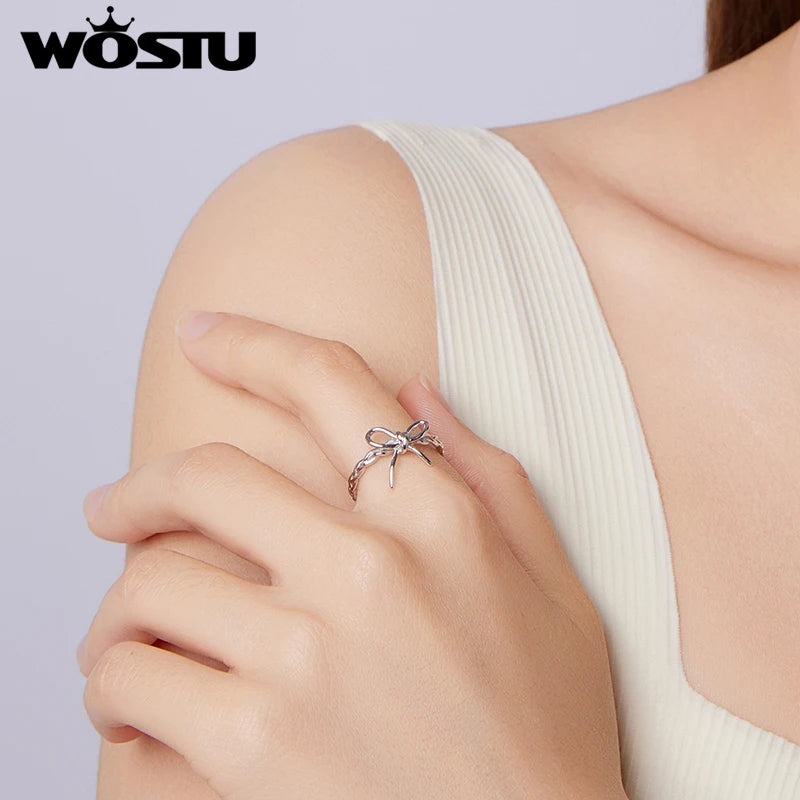 WOSTU 925 Sterling Silver Weaving Bow Ring Elegant Sweet Opening Original for Women Wife Anniversary Birthday Fine Jewelry Gift