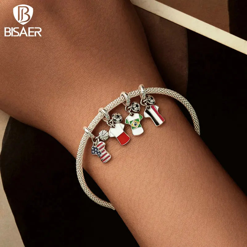 BISAER 925 Sterling Silver Kettlebell Volleyball Dumbbell Pendant Basketball Charm Bead For Women DIY Bracelet Fine Jewelry Gift