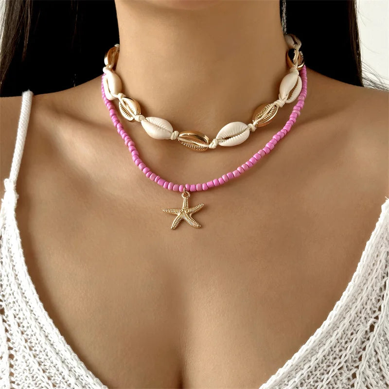 Mulitlayer Ocean Starfish Shells Pendant Necklace For Women Elegant Imitation Pearl Beads Choker Necklace Beach Party Jewelry - Madeinsea©