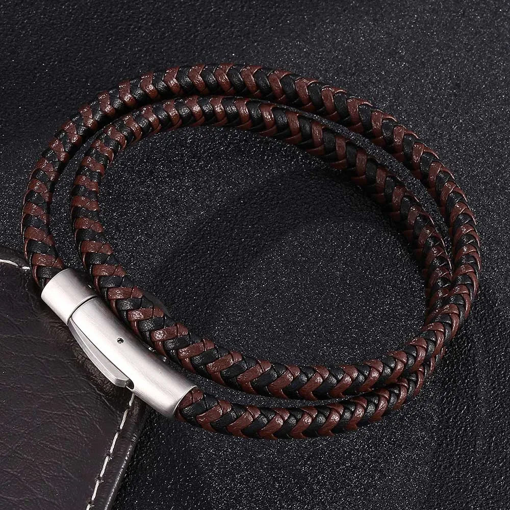 MKENDN Classic Black Stainless Steel Black Blue Braided Leather Bracelet Men Women Handmade Woven Double-Layer Jewelry Gift