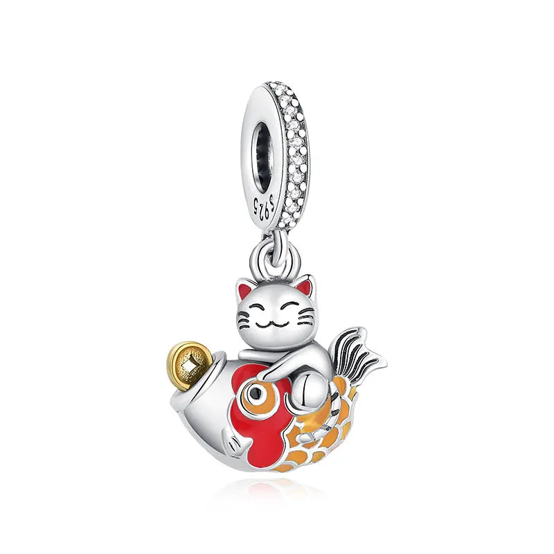 925 Sterling Silver Charms Beads Original Japanese Doll Fortune Cat Charm Fit Brand Bracelets Bangles DIY Jewelry For Women