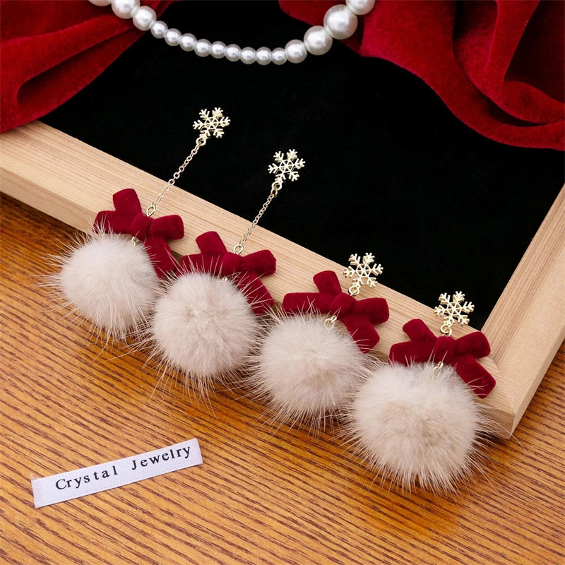 Christmas Snowflake Red Flocking Bowknot Drop Earrings for Women Xmas Cute Elk Snowman Hairball Long Earring Festival Jewelry