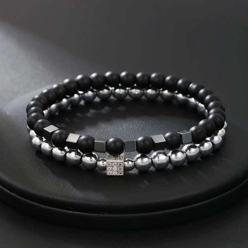 7 Styles Bracelet Set Men Black Onyx Stone Wrap Braslet Motorcycle Cycling Accessories Hombre Boyfriend Gift Abalorios Pulseras