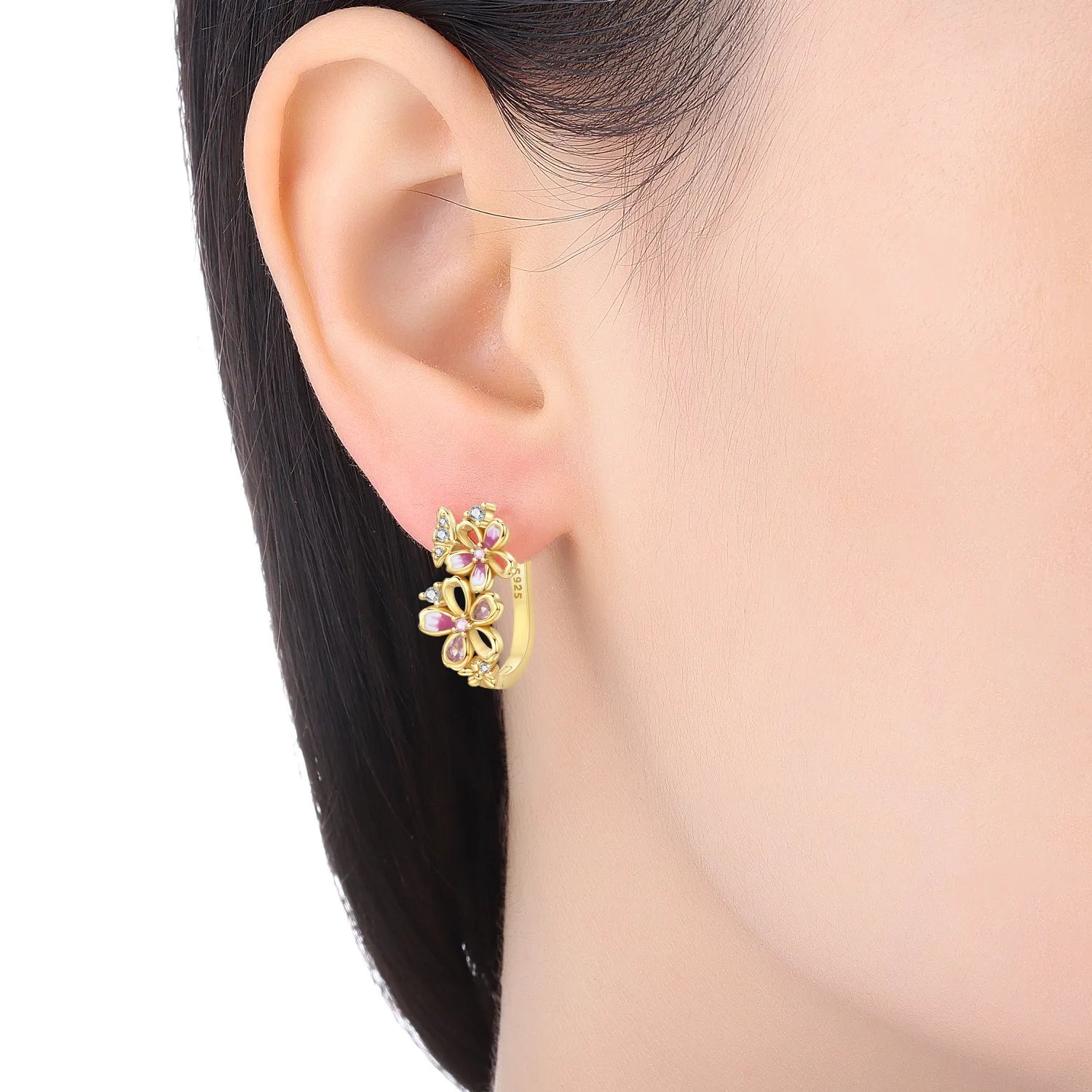 PANPOKI S925 Sterling Silver Golden Cherry Blossom Butterfly Earrings Hoop Earrings For Women Jewelry Original Party Gifts