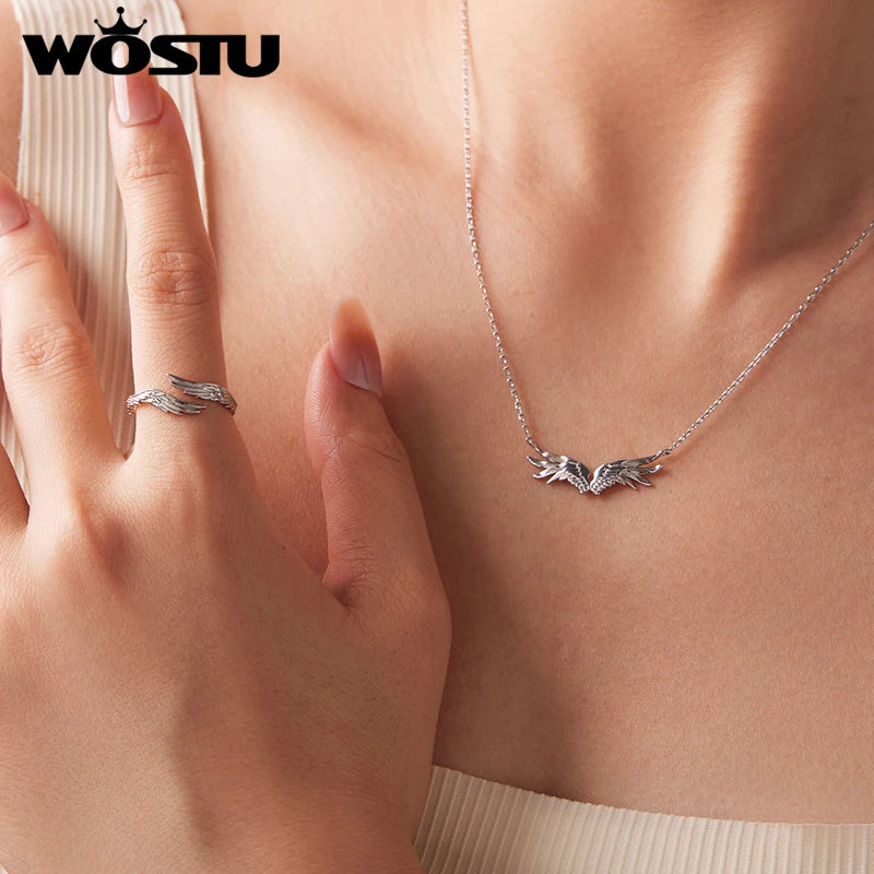 WOSTU Angel Wing Adjustable Ring for Women, 925 Sterling Silver Open Band Feather Rings Detail Jewelry Unique Party Gift New
