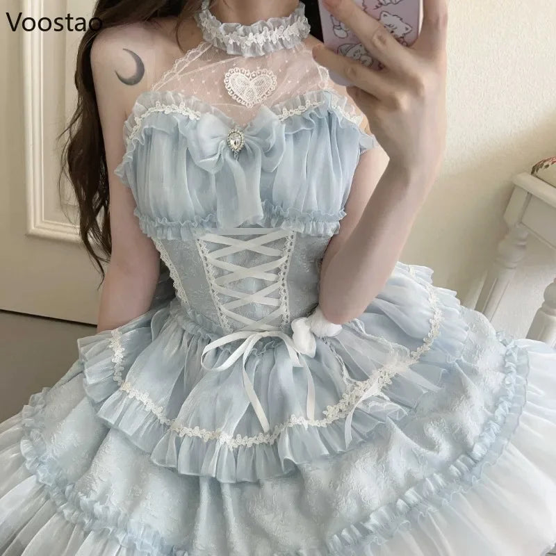 Japanese Gothic Lolita Princess Dress Women Kawaii Lace Ruffles Bow Bandage Slim Party Dresses Girls Y2k Elegant Cute Mini Dress