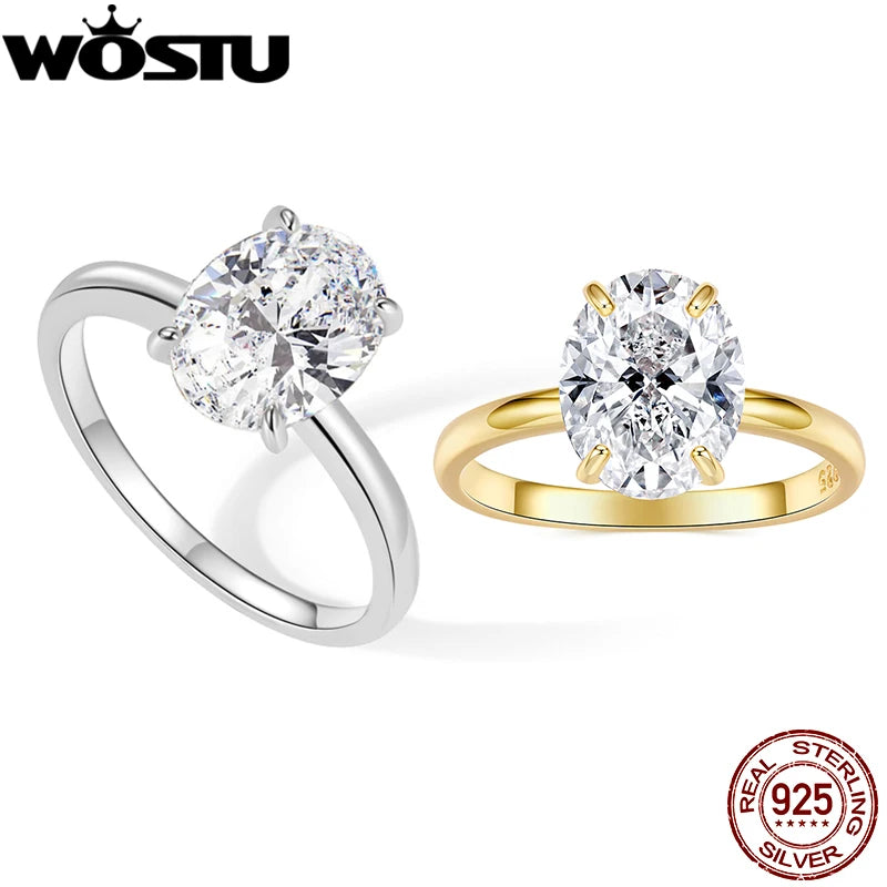 WOSTU Real 925 Sterling Silver 3.5ct Oval Engagement Rings for Women , Cubic Zirconia 18K Gold Promise Wedding Rings for Lover