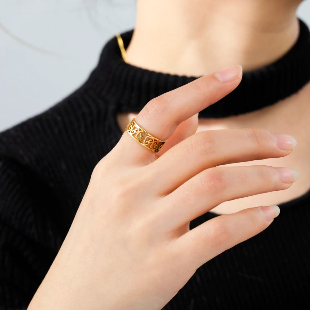 HIPEE Fashion Hollow Love Heart Rings Round Hollow Geometric Ring For Women Stainless Steel Finger Ring Jewelry Gifts