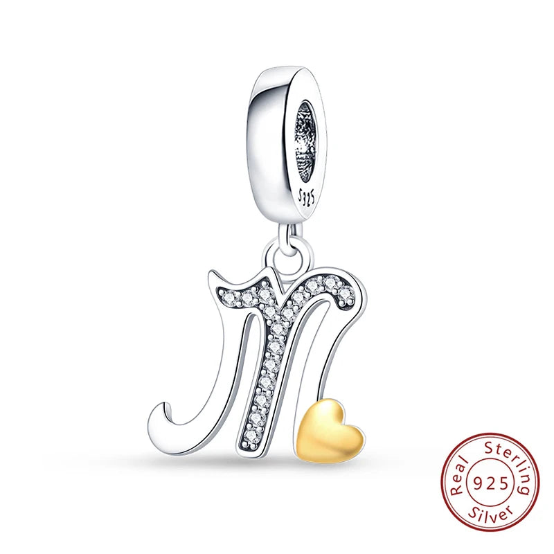 Classic 925 Sterling Silver 26 Gold Color Heart Zircon Letter A-Z Charms Beads Fit Original Bracelets DIY Birthday Jewelry Gift