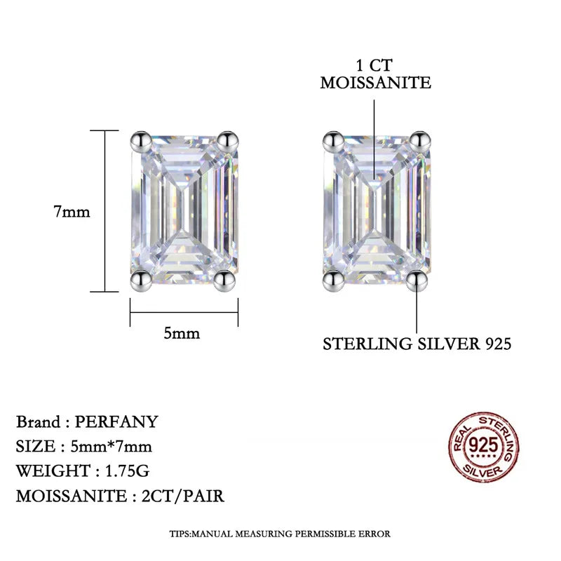 PERFANY 2CT Emerald/Radiation Cut Moissanite Earrings for Women S925 Pure Silver Rectangular Laboratory Diamond Wedding Jewelry
