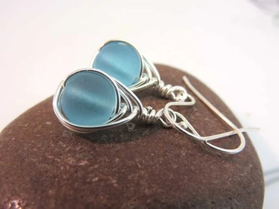 Sterling silver seaglass earrings light blue herringbone wire wrapped cultured sea glass beads argentium silver