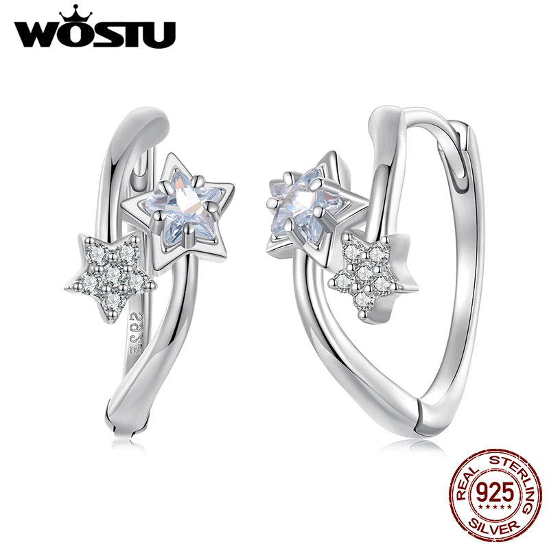 WOSTU 925 Sterling Silver Double Star Shiny Zircon Hoop Earrings For Women , Valentine Jewelry Gift Daily Praty Wear Jewelry Gif