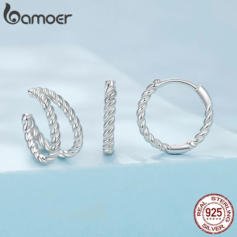 BAMOER 925 Sterling Silver Twisted Hoop Huggies Earrings for Women Oxidized Vintage Circle Ear Cuff for Women Retro Jewelry Gift