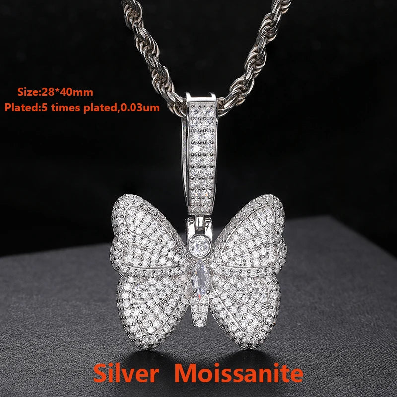 Original Women Luxury Full Iced Out Moissanite Butterfly Pendants Fashion Silver 925 Charms Jewelry Man Necklace Chain Wholesale