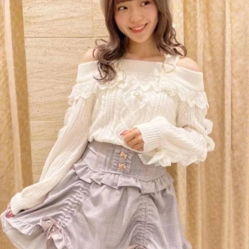 Vintage Sweet Lolita Style Knitted Pullover Autumn Girls Cute Off Shoulder Lace Ruffles Bow Sweater Women Harajuku Knitwear Tops
