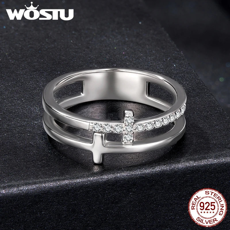 WOSTU Moissanite Double Layer Cross Ring For Women 925 Silver Party Jewelry Lad Diamond Staking Finger Rings Girl Cool Punk Gift
