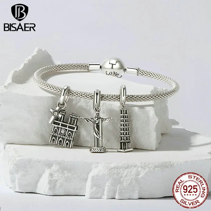 BISAER 100% 925 Argent Sterling Christ Rédempteur Charms Perles Big Ben Tour de Pise Pendentif Fit Femme Bracelet DIY Bijoux Fins