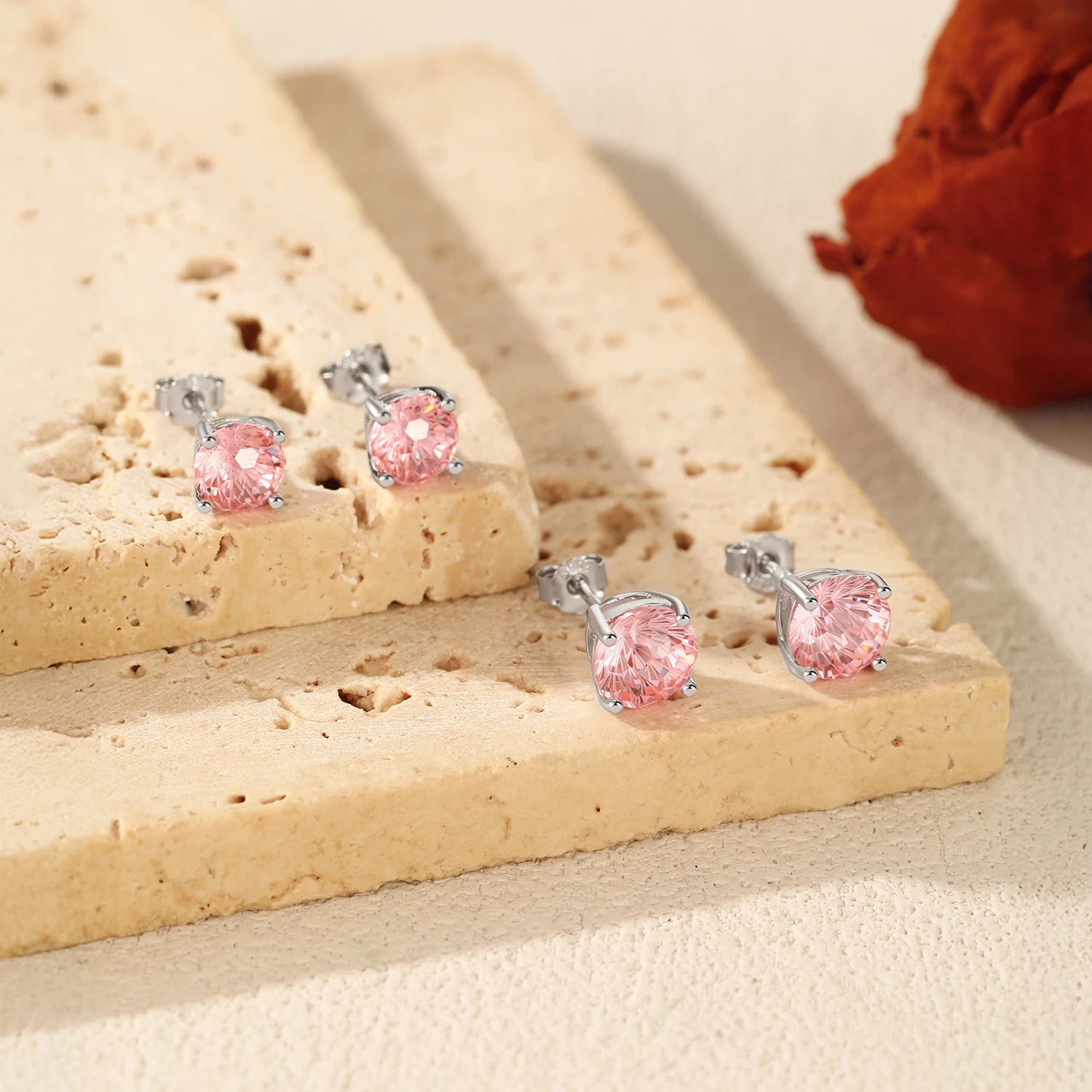 MODIAN 925 Sterling Silver Multiple Sizes Morgan Pink Firework Cut Round CZ Stud Earrings For Women Fine Jewelry