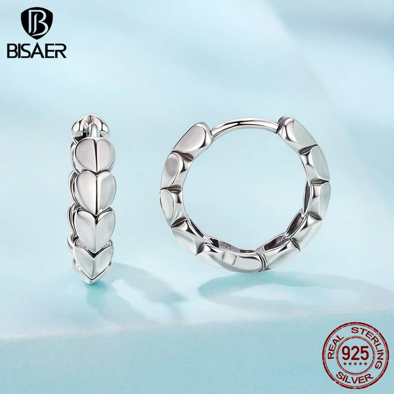 BISAER Solid 925 Sterling Silver Heart Hoop Earrings Symbol of Eternal Love Stud Earrings for Women Party Fine Jewelry ECE1905