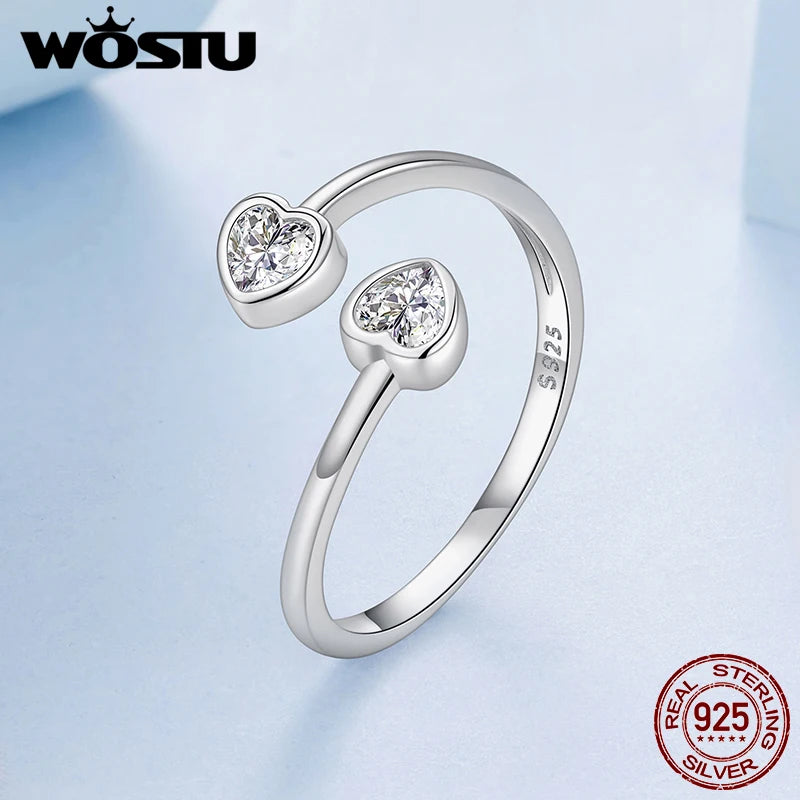 WOSTU Adjustable Double Heart Ring for Women, Sterling Silver Stackable Open Band Minimalist Promise Ring Gift for Lover Mom