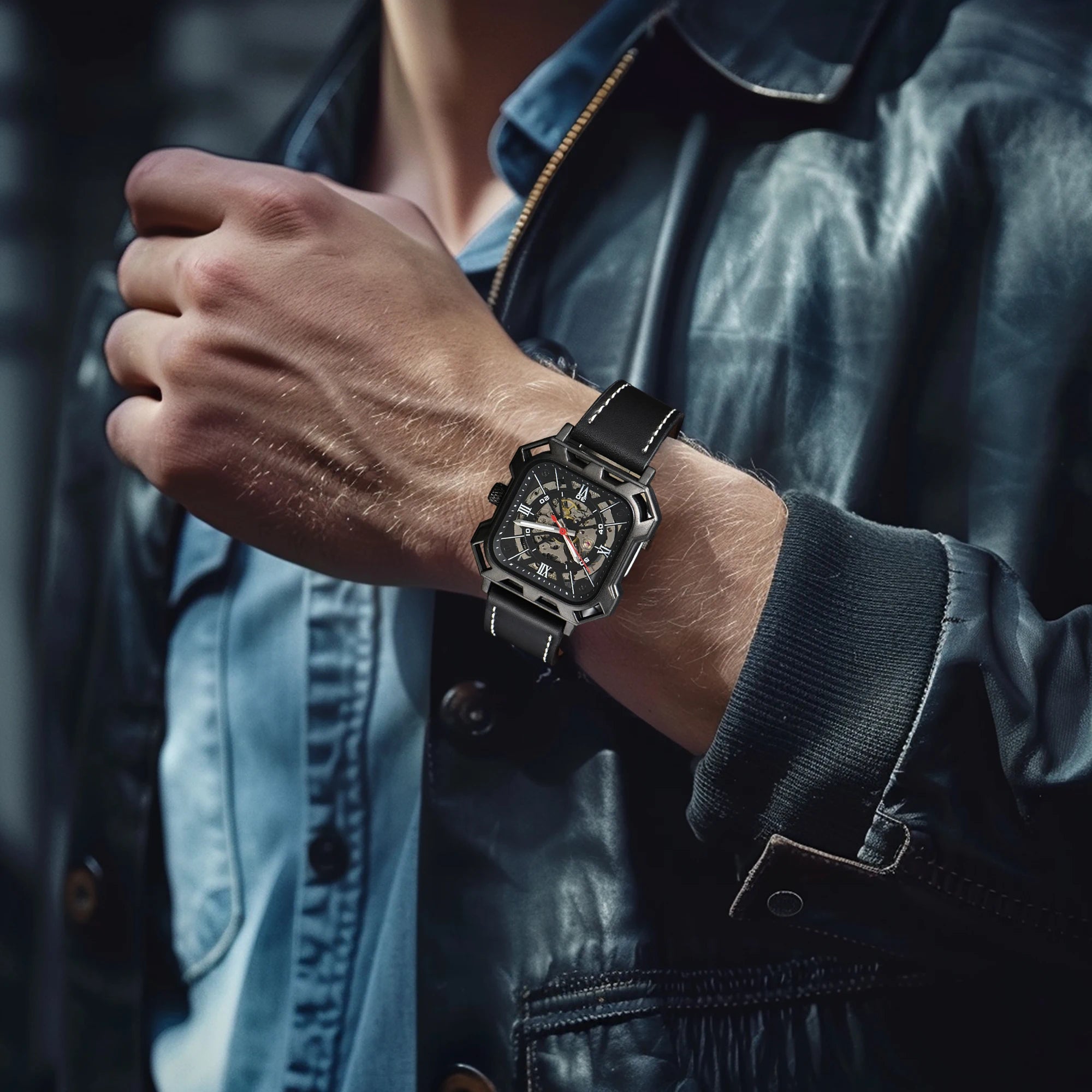 LONGLUX automatic watch business cool wholesale mechanical wristwatches hollow no logo black leather mens watch men gift ﻿