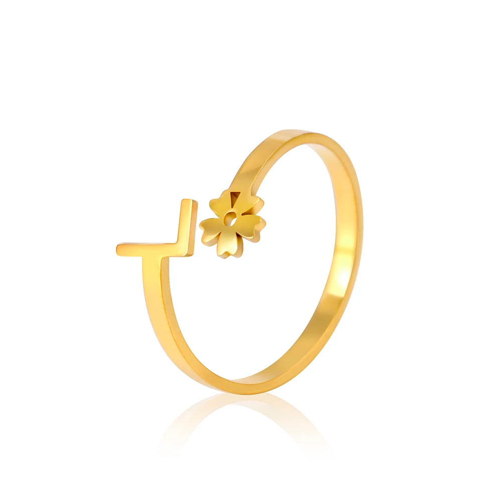 Stainless Steel Flower 26 Alphabet Open Ring for Women A-Z Initial Name Ring 2022 New Fashion Jewelry for Birthday Gift