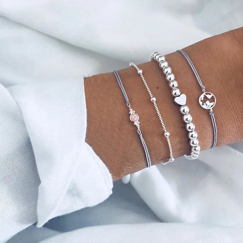 Trendy Geometric Link Chain Bracelet Set For Women Rhinestones Gold Color Leaves Heart Pendant Open Cuff Bangle Girls Jewelry - Madeinsea©